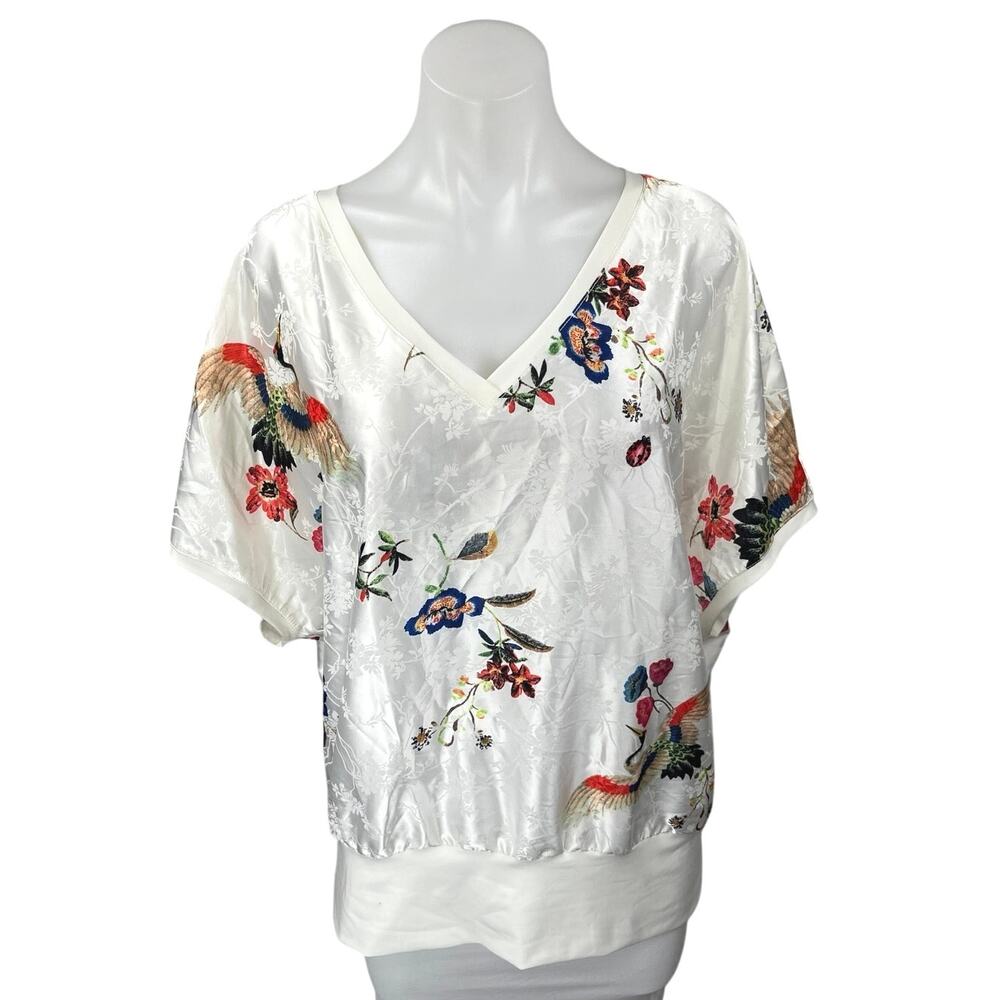NEW Golbary Floral Silk Satin Jacquard Floral Short Sleeve V Neck Blouse Top 3